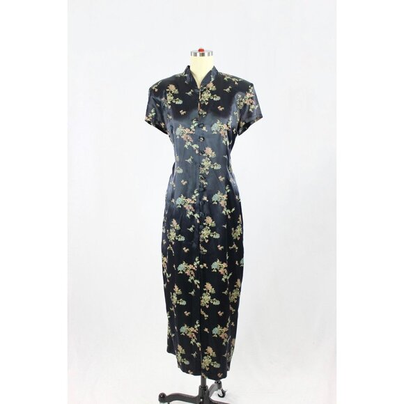 Vintage 00's SCARLET Black Oriental Floral Satin Cheongsam Qipao Dress, Size 13 - Picture 1 of 14